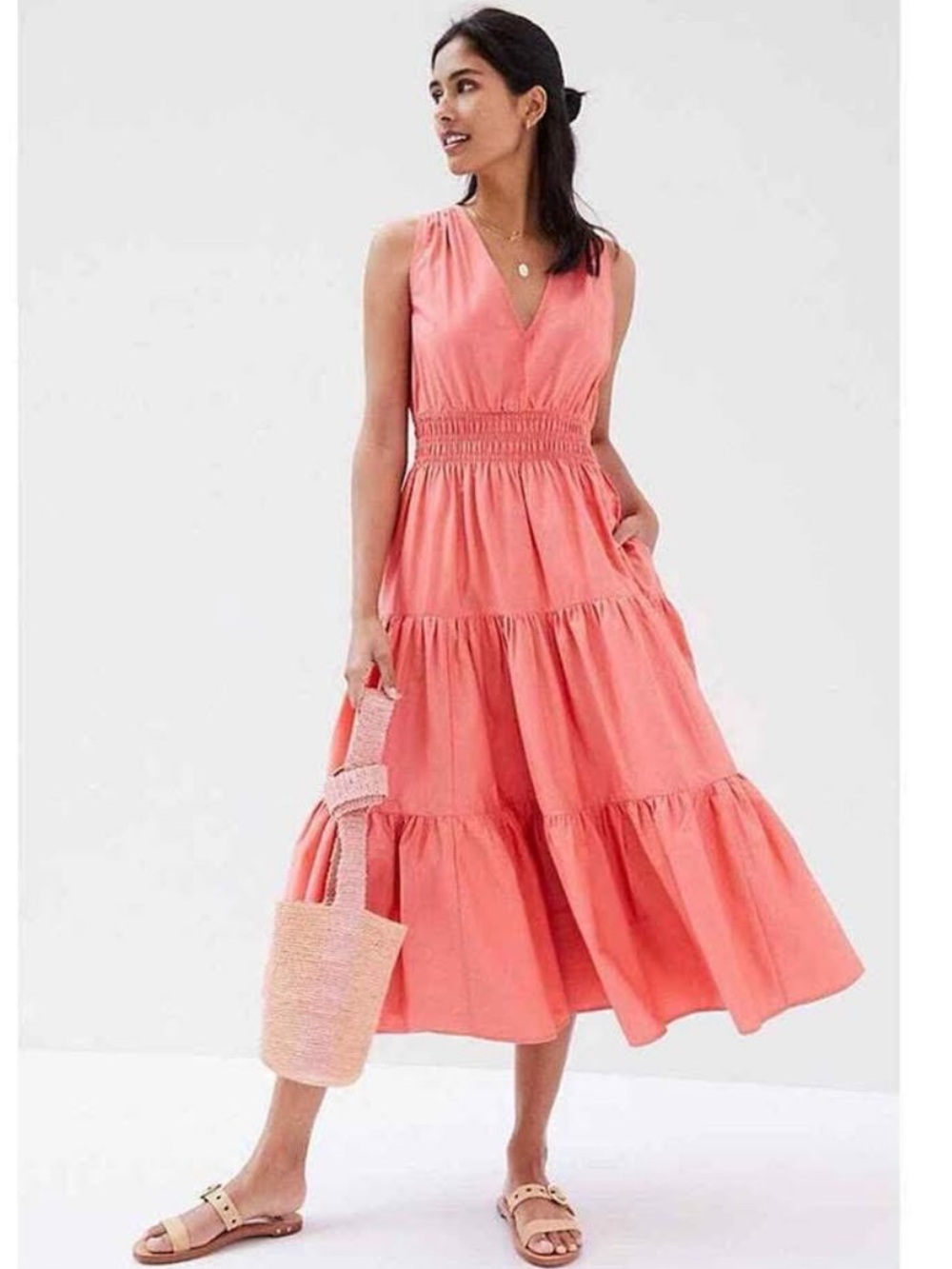 Anthropologie Coral Tiered V‑Neck Midi Dress